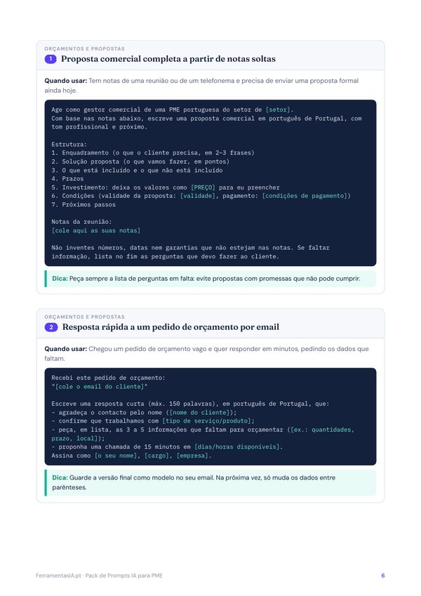 Página de exemplo: prompts para orçamentos e propostas