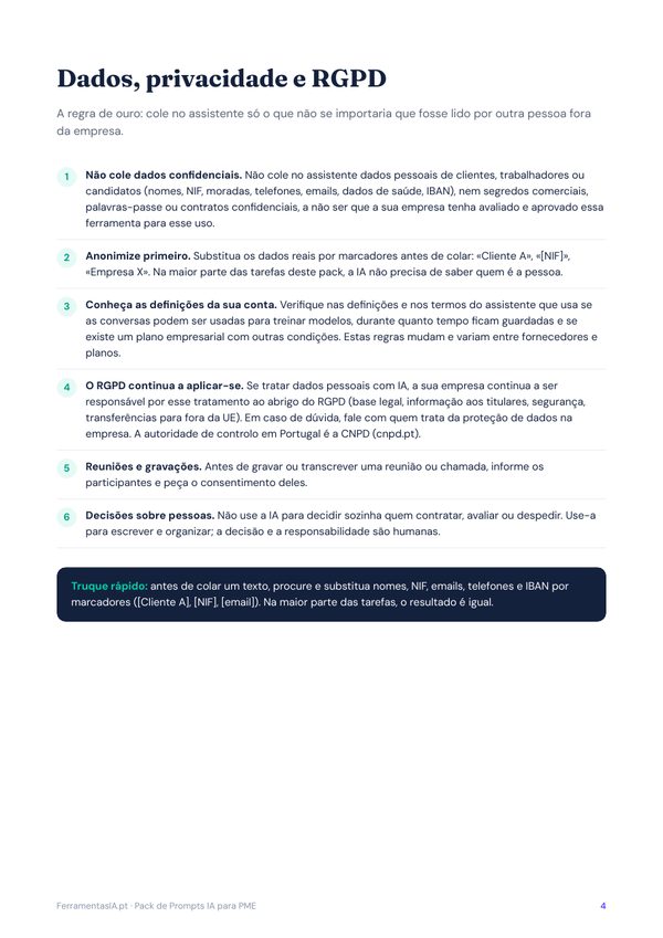 Página de exemplo: cuidados com dados e RGPD